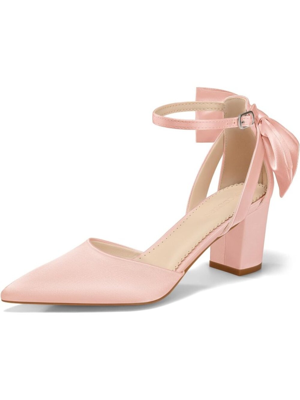 〽️Women's Pink Chunky Heels Ankle Strap Pointed Toe Pumps Satin Shoes
